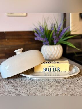 Vintage Genuine Japanese Stonware Butter Dish with Lid - White & Pastel Blue